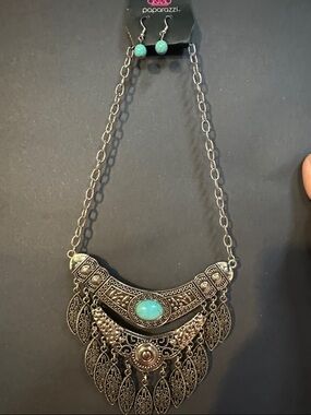 Paparazzi Silver-Tone Turquoise Boho Filigree Bib Necklace Set